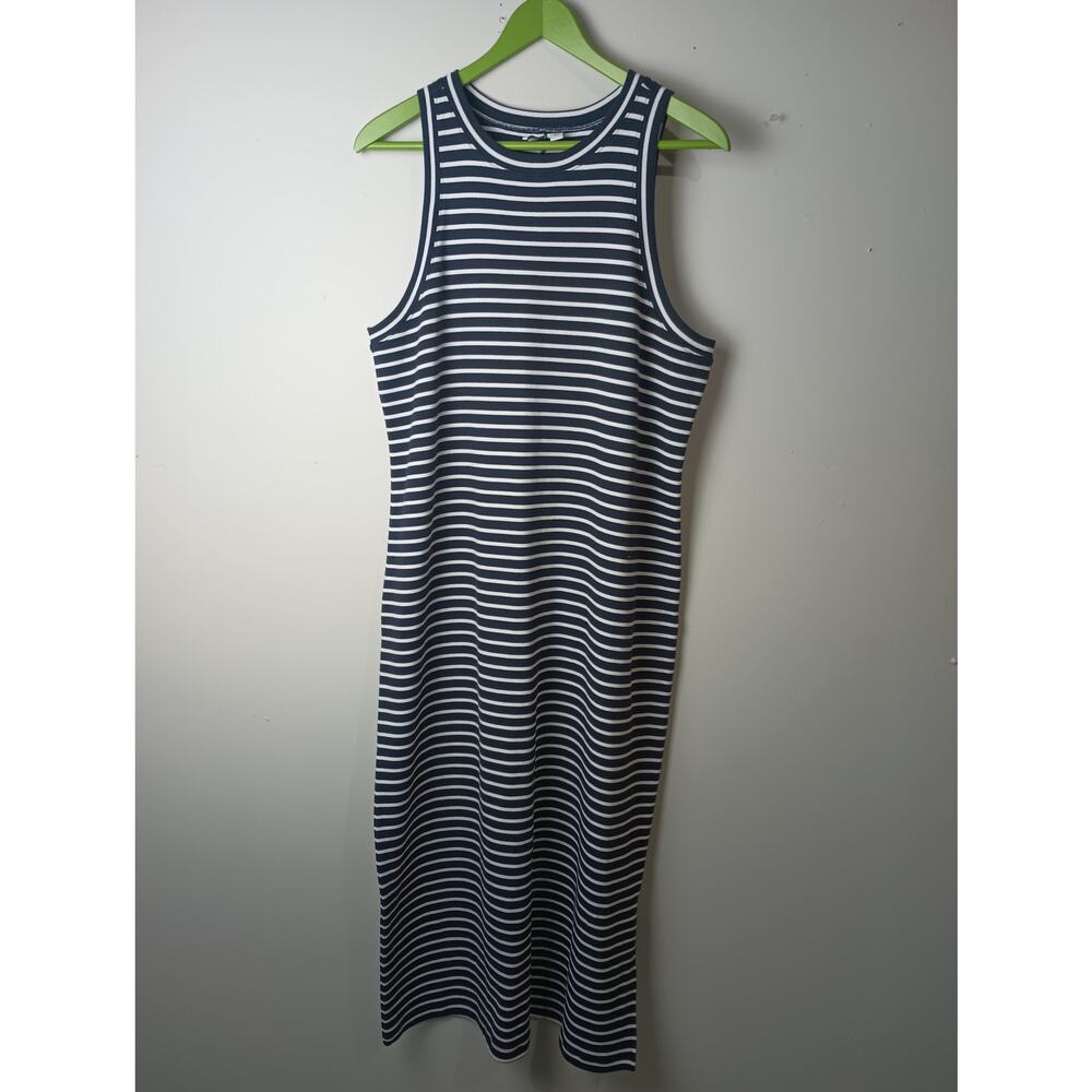 Nordstorm Stretch Cotton Ribbed Tank Dress Navy Blue White Striped Maxi Large
